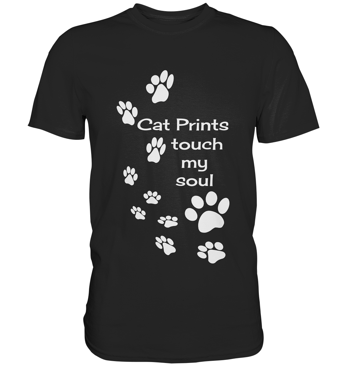 Schwarzes T-Shirt mit Cat Prints und Spruch "Cat Prints touch my soul"