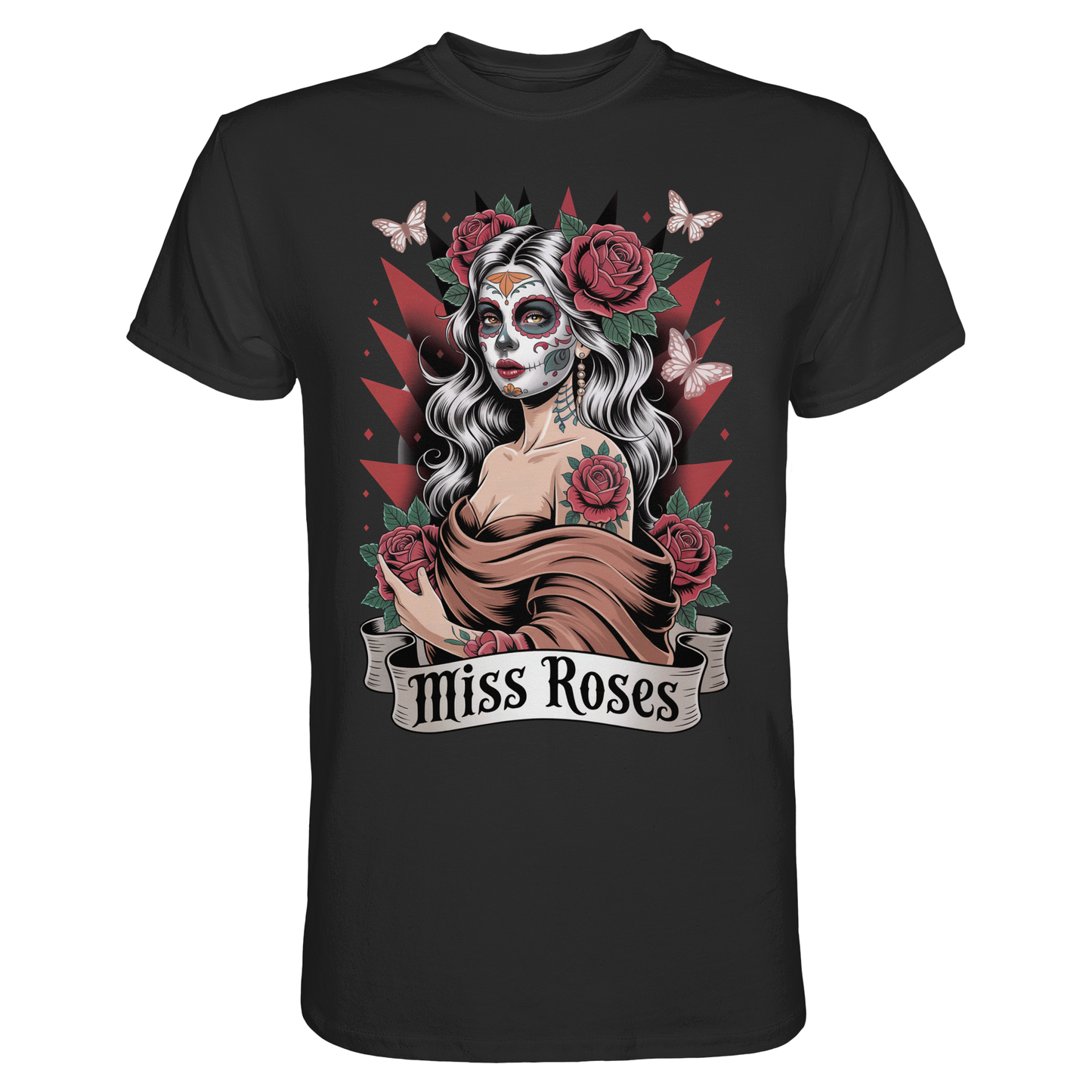 Schwarzes T-Shirt mit Gothic-Motiv „Miss Roses“, La Catrina im Tattoo-Stil mit Rosen