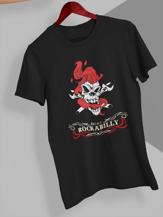 Schwarzes T-Shirt mit Smoking Skull und Schriftzug "Rockabilly"