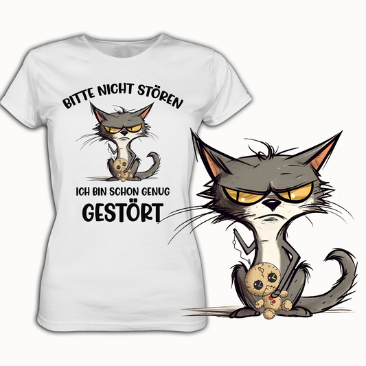 T-Shirt mit dem Motiv „Bitte nicht stören. Ich bin schon genug gestört.“ mit vergrößertem Motiv unten rechts