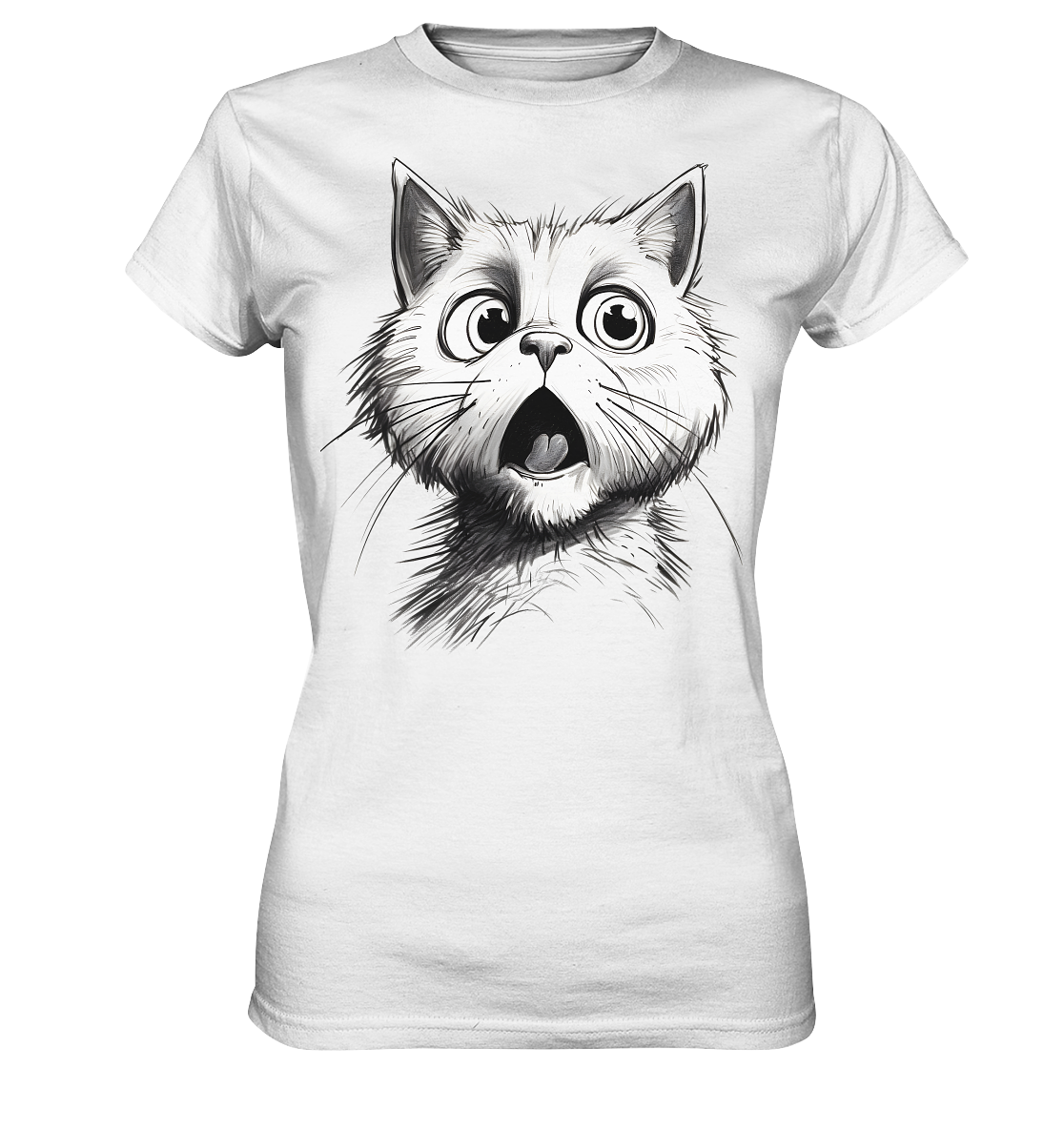 Weißes T-Shirt mit großem Motiv einer schreienden Katze als schwarze Strichzeichnung
