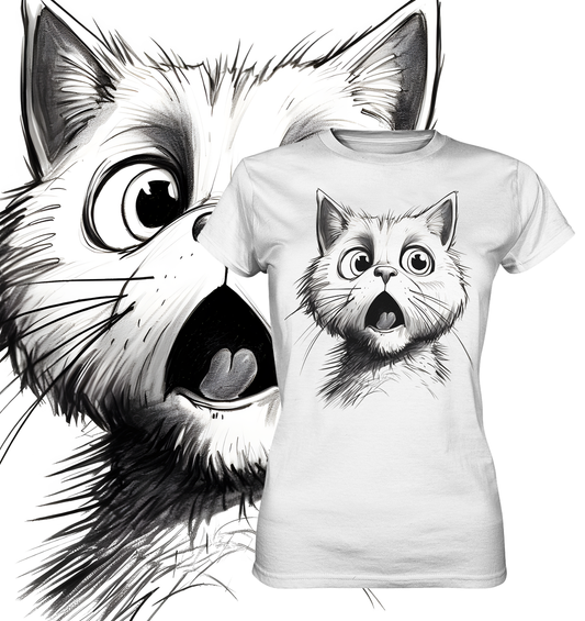 Weißes T-Shirt mit großem Motiv einer schreienden Katze als schwarze Strichzeichnung. Im Hintergrund das Bild der Katze vergrößert.