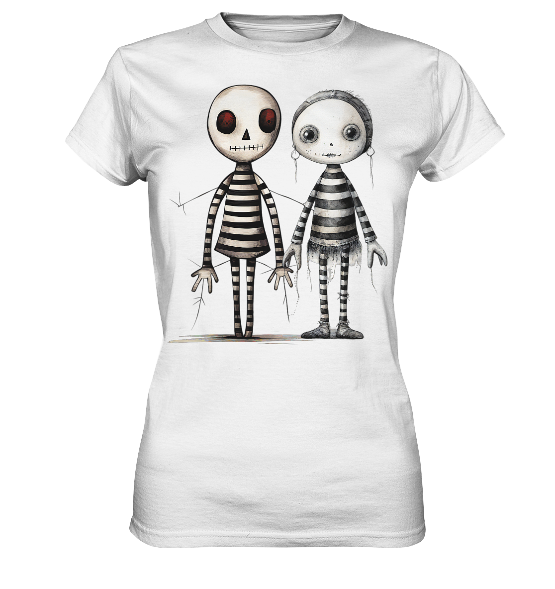 Weißes T-Shirt mit zwei gezeichneten Voodoo-Puppen als schwarze Strichzeichnung