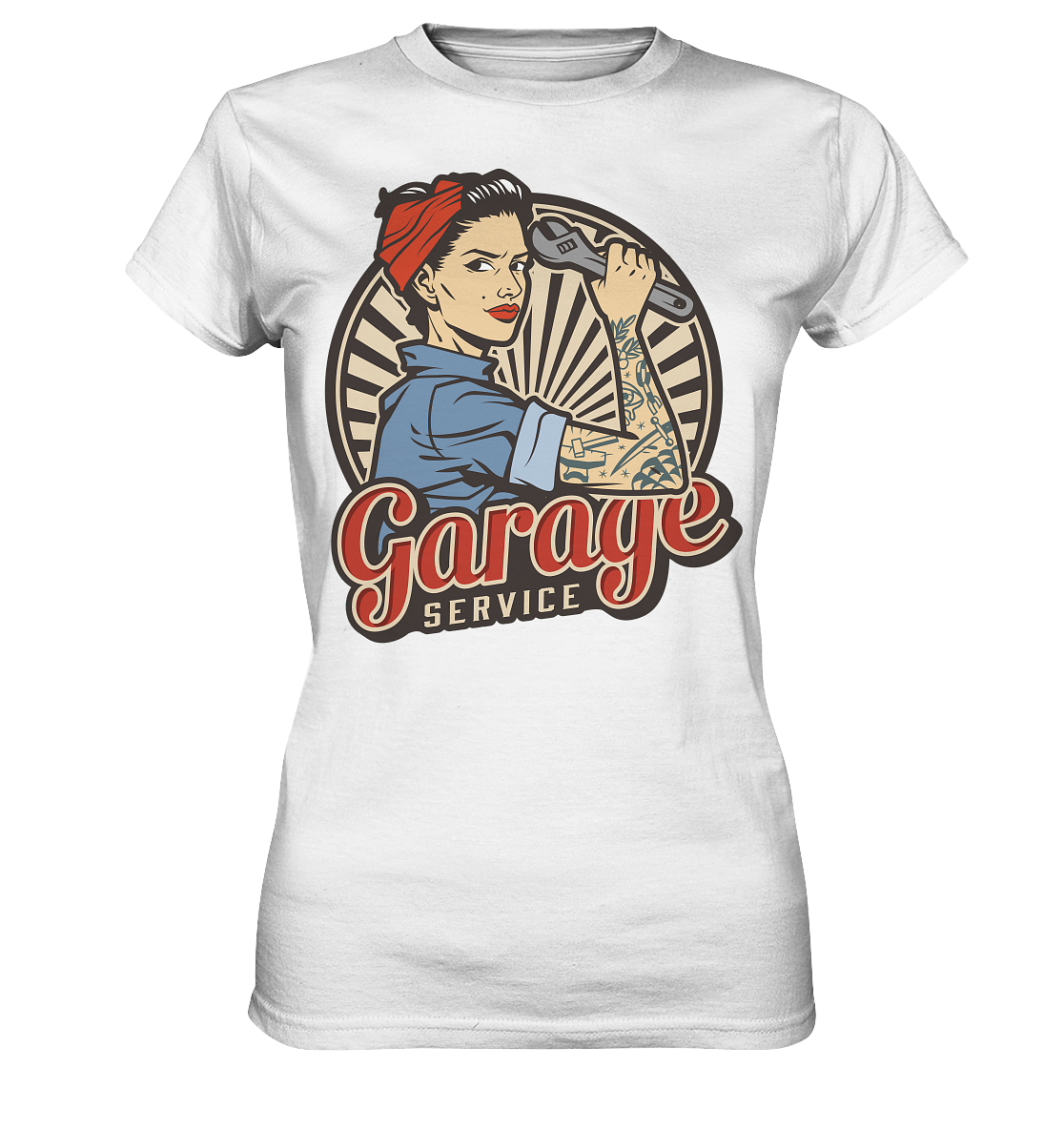Weißes T-Shirt mit Rockabilly-Frau, Schraubenschlüssel und dem Text „Woman at Work“