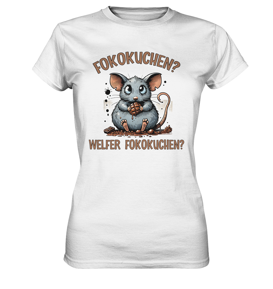 Weißes T-Shirt mit süßer Maus, die Schokolade isst, und dem Spruch „Fokokufen – Welfer Fokokufen“.