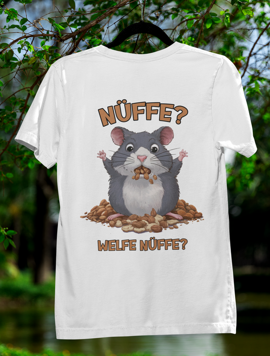 Unisex T-Shirt aus Bio-Baumwolle mit witzigem Hamster-Motiv und Spruch ‚Nüffe? Welfe Nüffe?‘ – niedliches Design in Schwarz, Weiß oder Natur