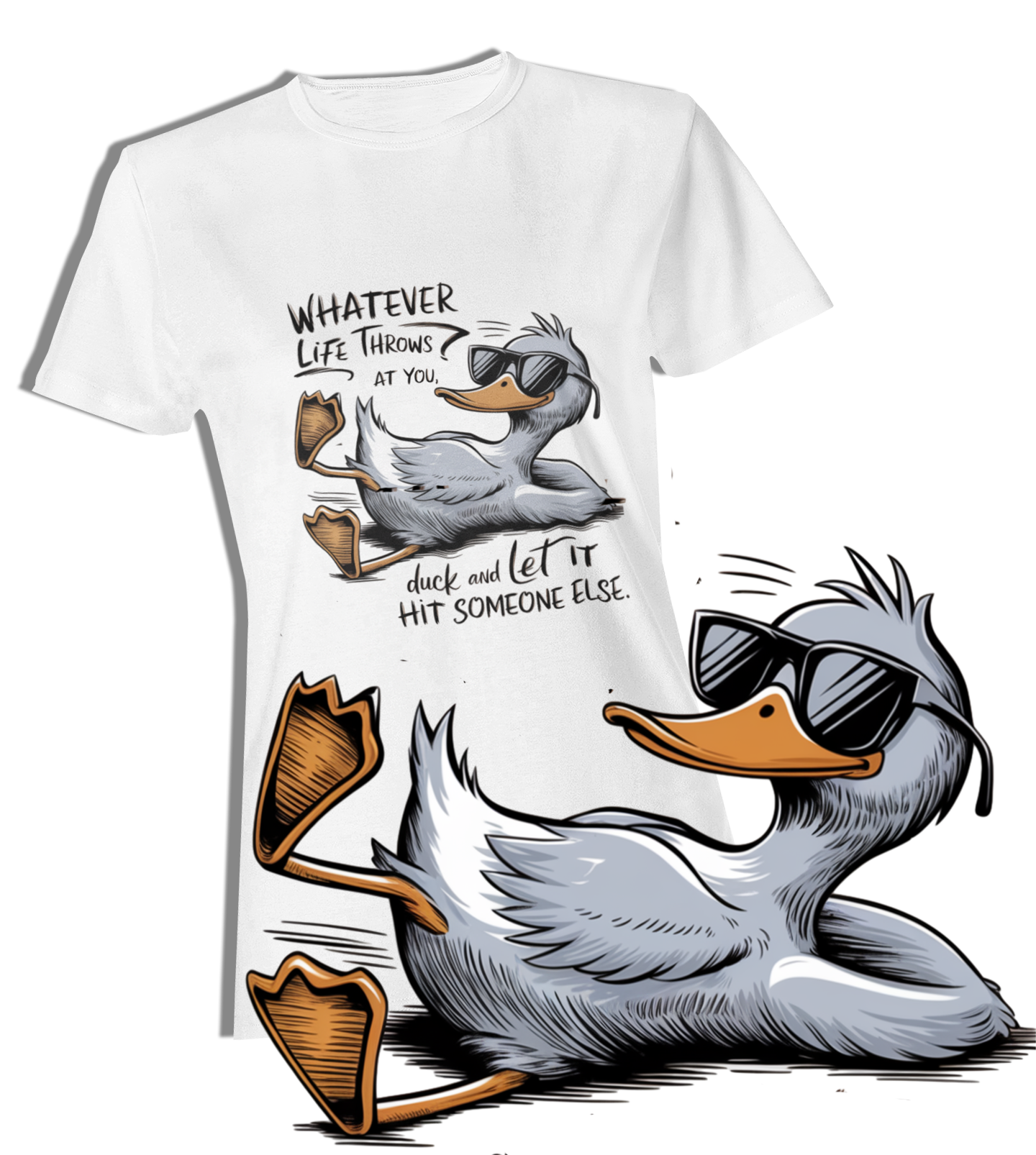 Ladies T-Shirt mit entspannter Enten-Grafik und Spruch ‚Whatever Life Throws at You, Duck and Let It Hit Someone Else‘ – weißes Shirt, Vorderansicht