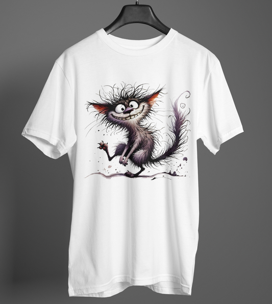 Weißes T-Shirt mit verrücktem Grinsekatzen-Motiv – freches Katzen-Design auf weißem Shirt, Vorderansicht