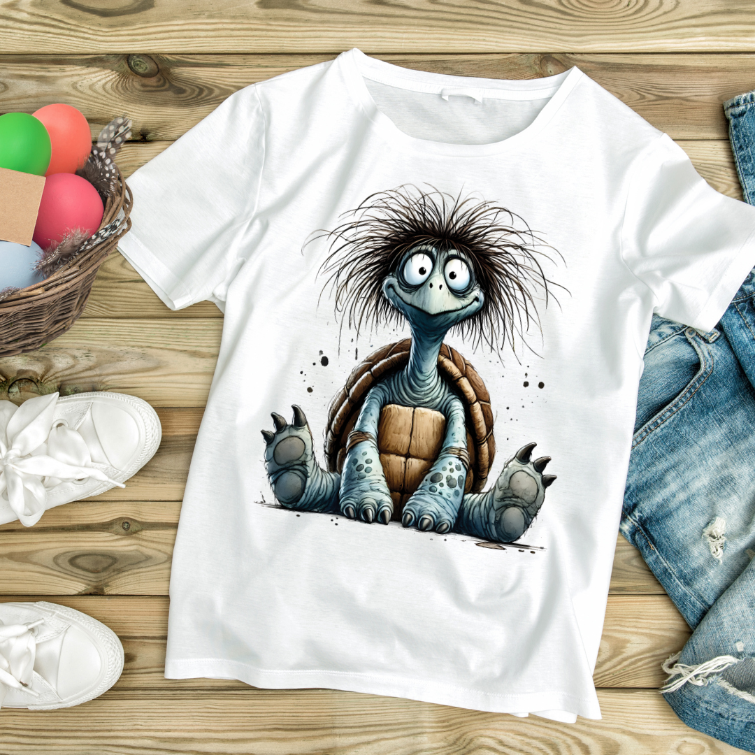 Lustiges Schildkröten T-Shirt für Erwachsene – Crazy Turtle Cartoon mit auf weißem Shirt – Tiermotiv Streetwear