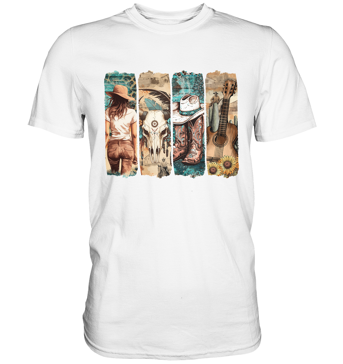 Unisex T-Shirt mit Western Brushstroke Motiv im Vintage-Stil, weiß, 100 % Baumwolle, Regular Fit, ideal für Western Girls & Cowgirls – Vorderansicht