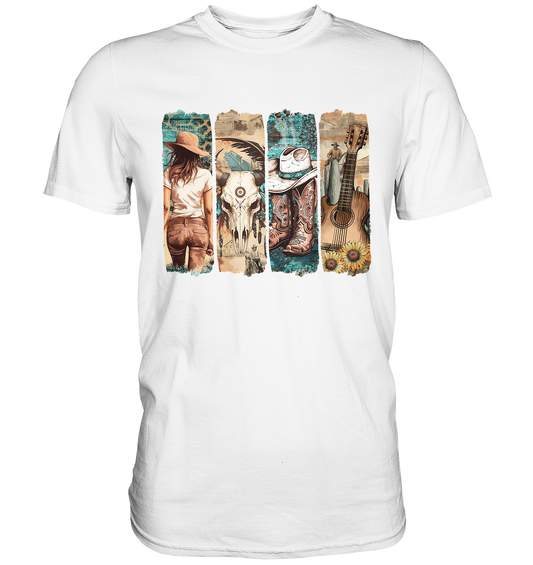 Unisex T-Shirt mit Western Brushstroke Motiv im Vintage-Stil, weiß, 100 % Baumwolle, Regular Fit, ideal für Western Girls & Cowgirls – Vorderansicht