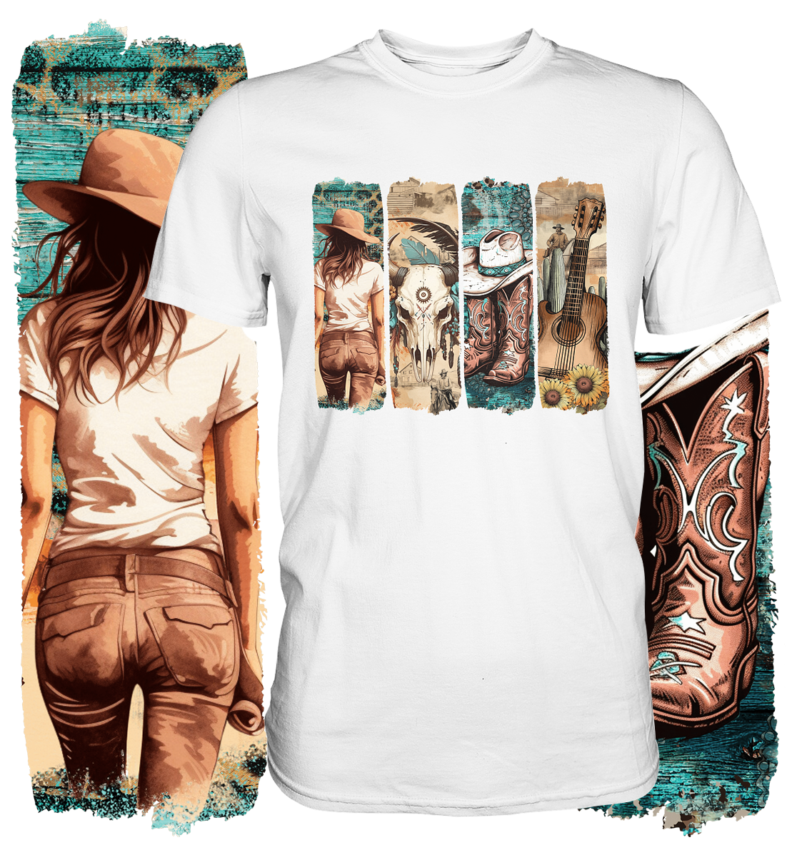Unisex T-Shirt mit Western Brushstroke Motiv im Vintage-Stil, weiß, 100 % Baumwolle, Regular Fit, ideal für Western Girls & Cowgirls – Vorderansicht