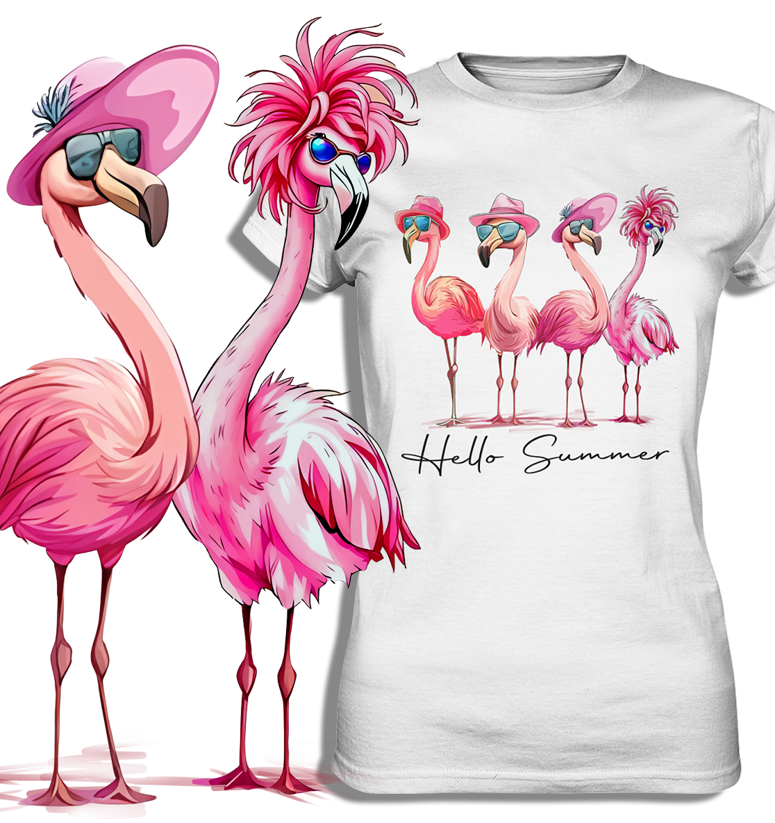 Damen Premium T-Shirt in Weiß mit vier Flamingos in Beachlaune und Retro Schriftzug „Hello Summer“, leicht tailliert, Sommerdesign Vorderansicht