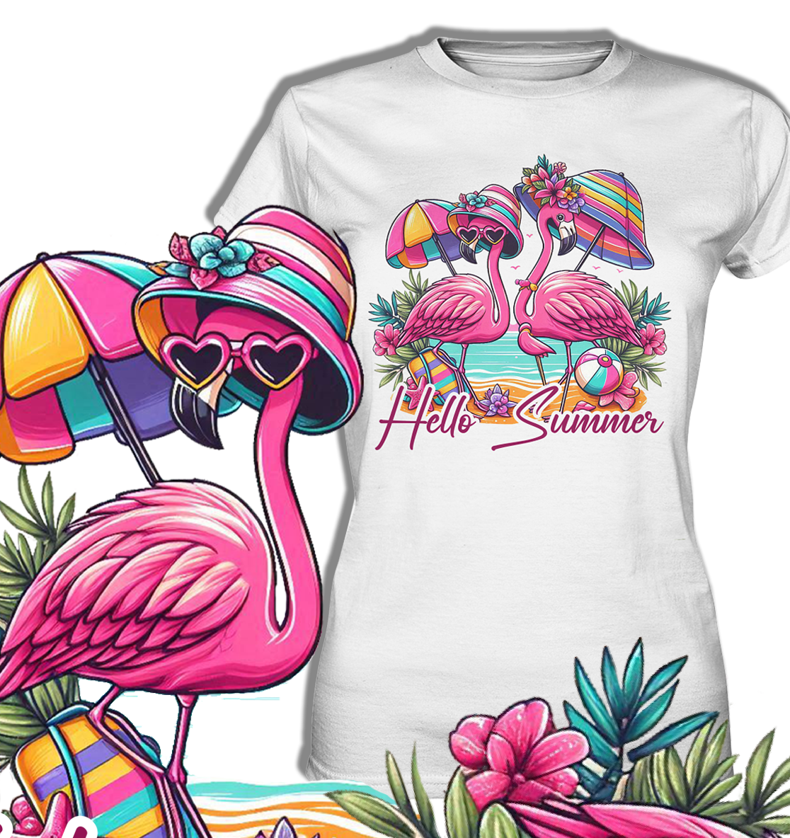 T-Shirt mit zwei Flamingos mit Sonnenbrillen am Strand, umgeben von Beachaccessoires wie Sonnenschirm und Ball. Auf der linken Seite ein großer Flamingo mit Hut und Sonnenbrille und Sonnenschirm.