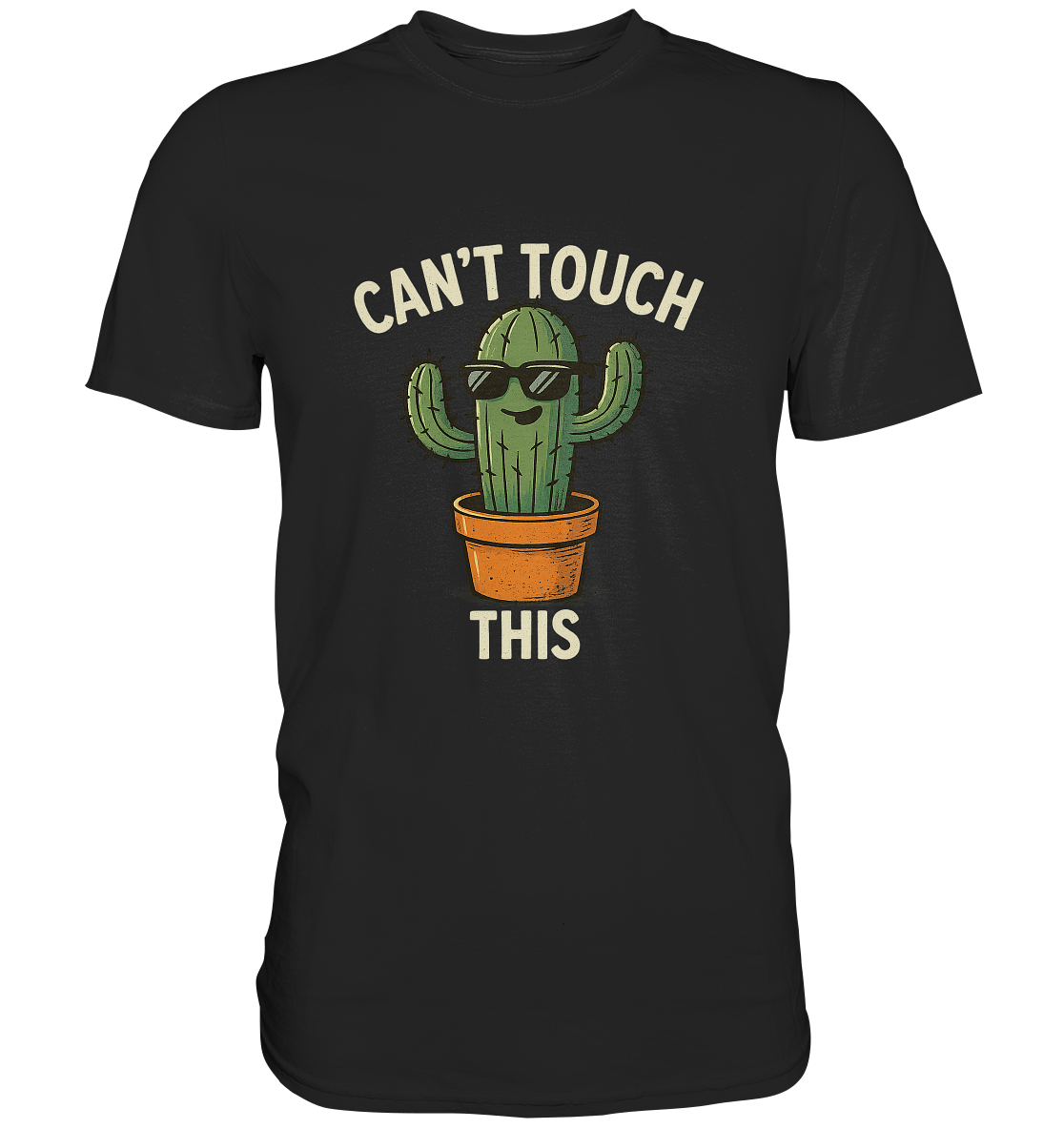 Schwarzes T-Shirt mit Cartoon-Kaktus und Spruch „Can’t Touch This“