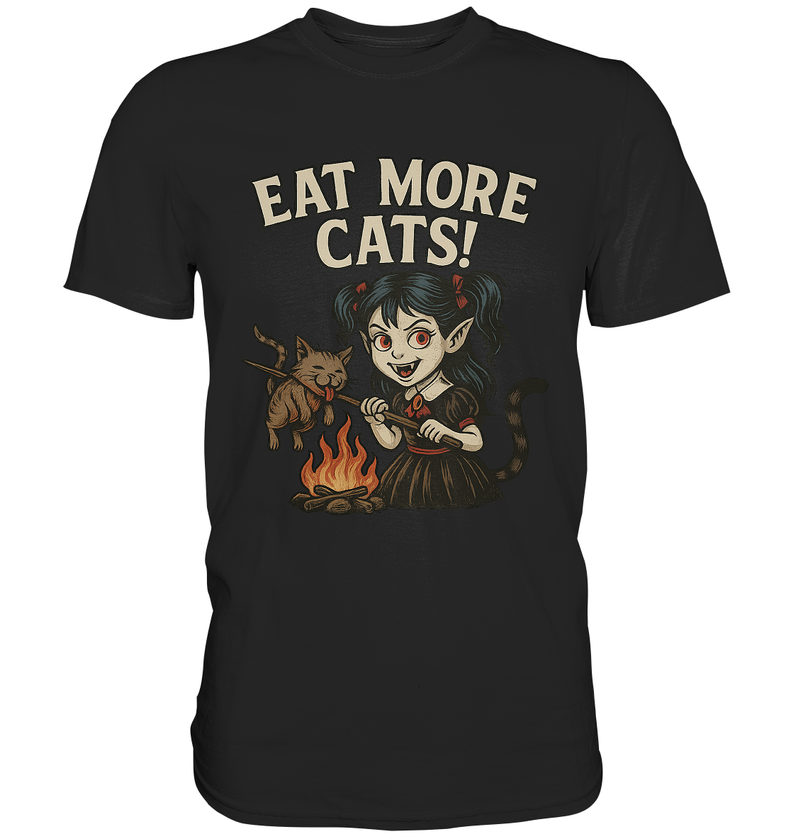 Schwarzes T-Shirt mit Vampir-Mädchen und Aufschrift "Eat more cats!"