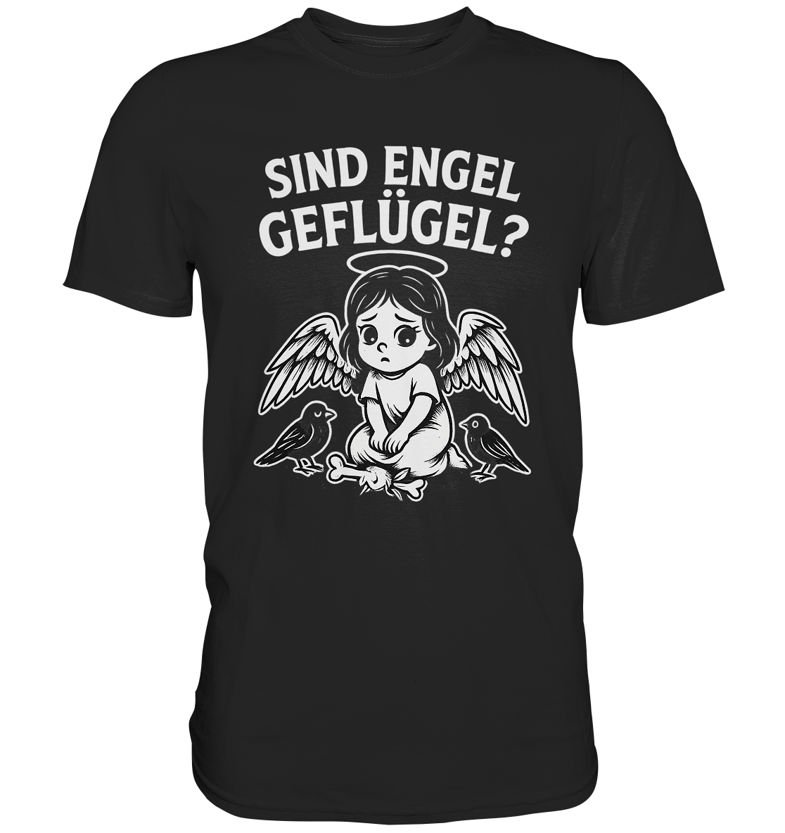 Schwarzes T-Shirt mit frechem Engel im Gothic-Comic-Stil und Schriftzug „Sind Engel Geflügel?“, schwarz-weißes Design.