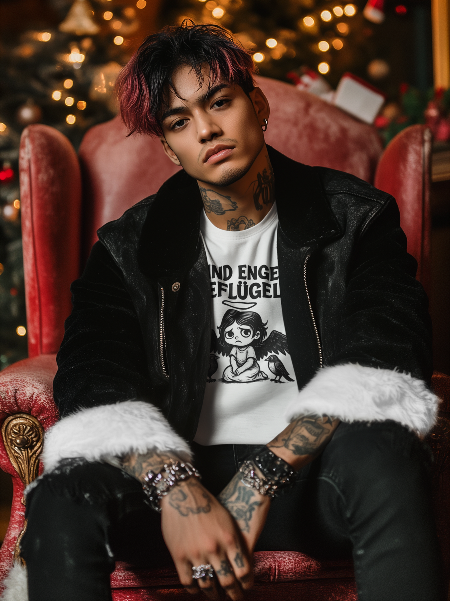 Junger Mann sitzt auf rotem Sessen, mit schwarzen Nikolausmantel. Er trägt ein weißes Shirt mit Engel-Motiv und Aufschrift "Geflügel". Im Hintergrund verschwommen ein Weihnachtsbaum.