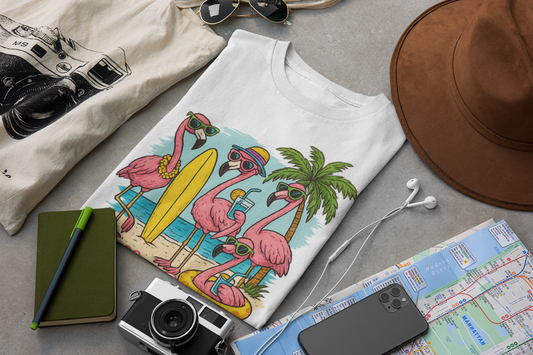 Zusammengelegtes weißes T-Shirt mit vier Flamingos und „Hello Summer“-Schriftzug im Vintage-Stil, mit Reiseutensilien, Landkarte und Fotoapparat.