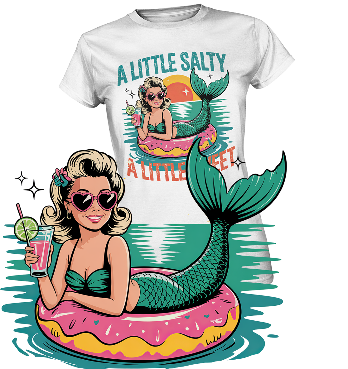 Weißes Damen-T-Shirt mit retro-gestylter Meerjungfrau auf Schwimmreifen, Cocktail in der Hand, Schriftzug „A little salty, a little sweet“. Im Vordergrund Meerjungfrau auf Schwimmreifen.