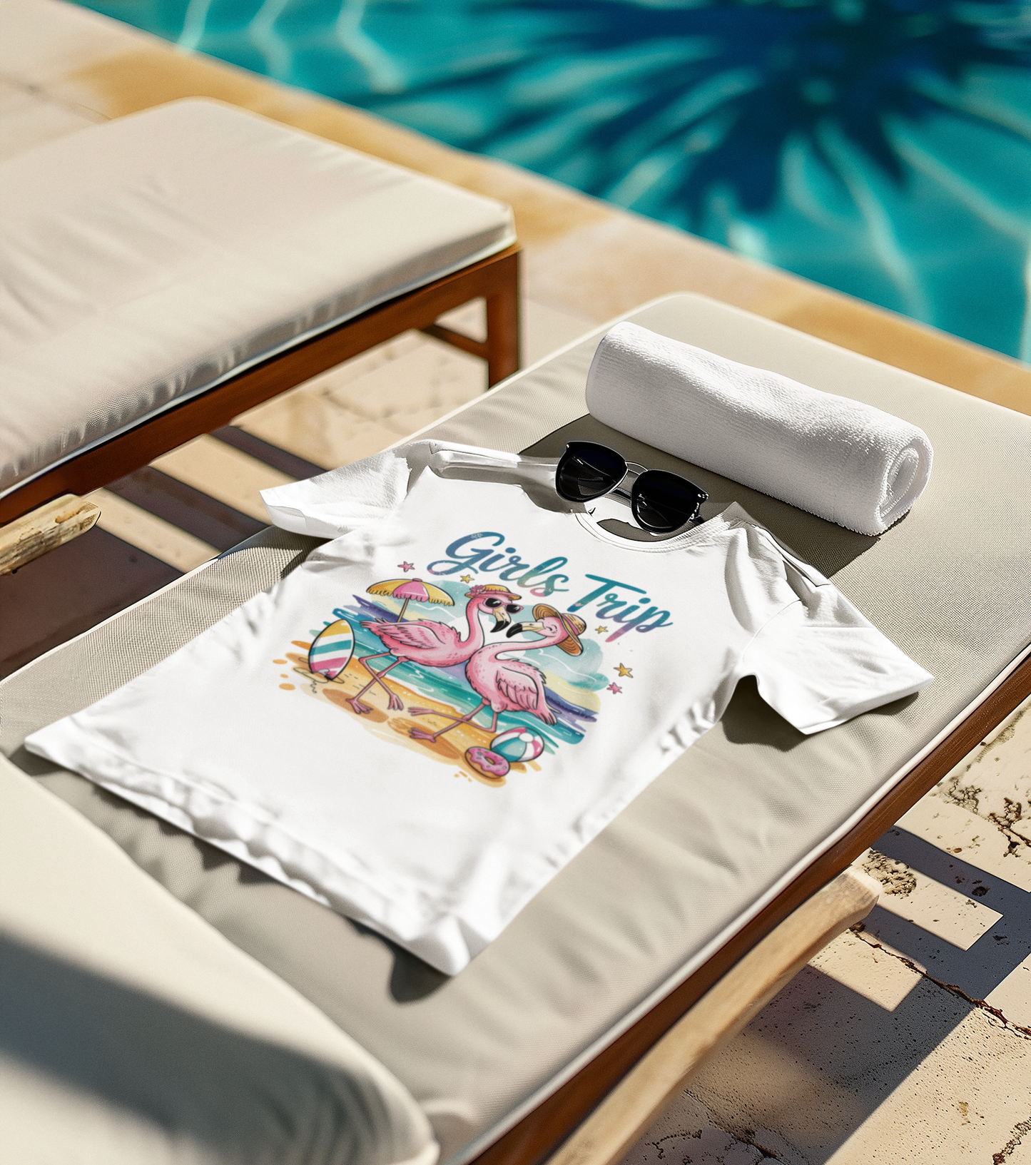 Weißes T-Shirt mit Flamingos und Schriftzug „Girls Trip“, liegt auf einer Liege am Pool.