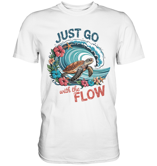 Weißes T-Shirt mit Meereswelle, Hibiskusblüten, relaxter Schildkröte und dem Spruch „Just go with the flow“ im Retro-Stil