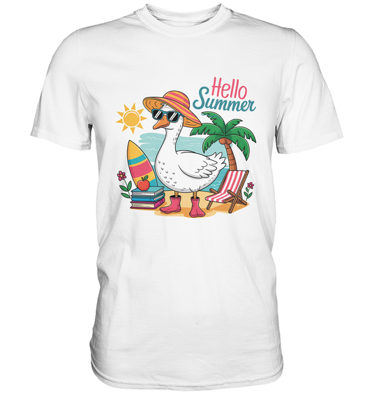 Weißes T-Shirt mit Gans im Sonnenhut und dem Spruch „Hello Summer“ in frechem, sommerlichem Design
