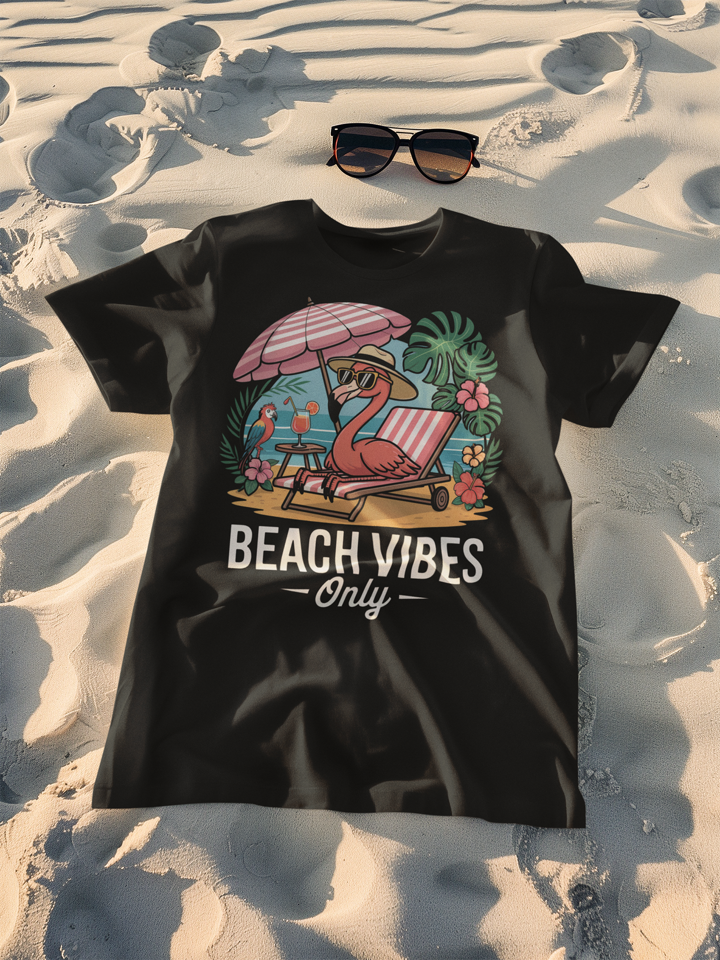 Schwarzes Shirt mit Aufdruck "Beach Vibes only" mit Flamingo unter Sonnenschirm. Das Shirt liegt flach im Sand, darüber eine Sonnenbrille.