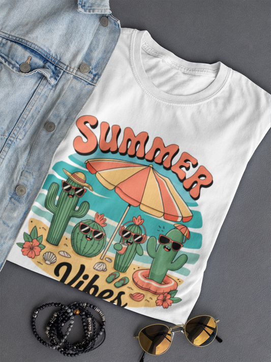 Neben einer Jenasjacke liegt ein zusammengelegtes weißes Shirt mit Kaktus-Print und Aufschrift "Summer Vibes"