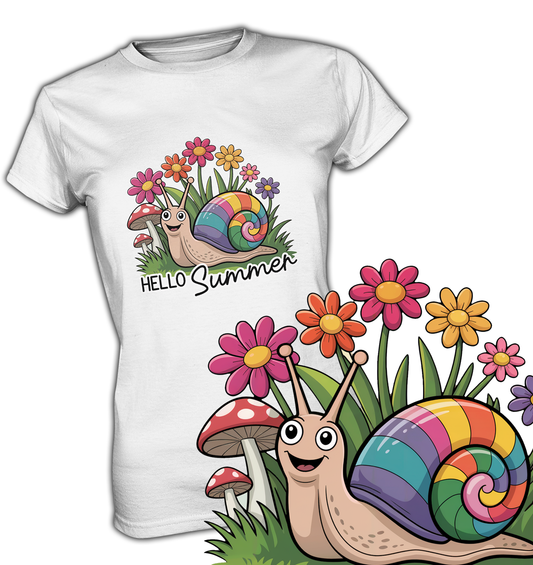 Weißes T-Shirt mit süßem Comic-Motiv: kleine Schnecke im Blumenbeet, umgeben von Blüten, Text „Hello Summer“. Rechs unten am Bildrand eine vergrößerte Darstellung des Motivs.
