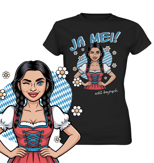Schwarzes T-Shirt mit weißem Schriftzug „Ja mei“ im schlichten bayerischen Stil mit Dirndl Madl. Vorne links eine vergrößerte Darstellung des Designs.