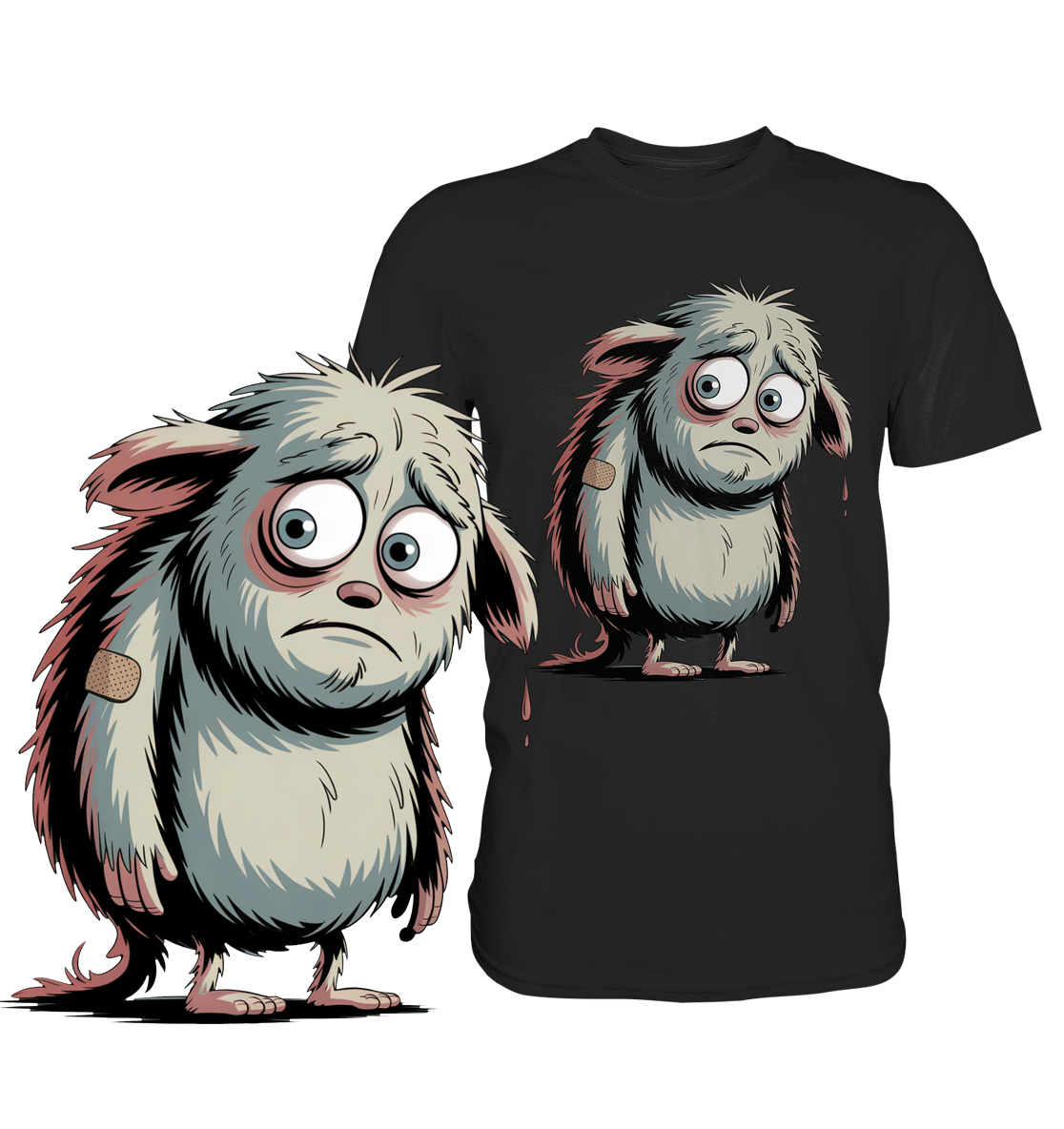 Schwarzes T-Shirt mit traurig-süßem Monster ohne Text. Links vergrößerte Darstellung des Monster-Motivs.