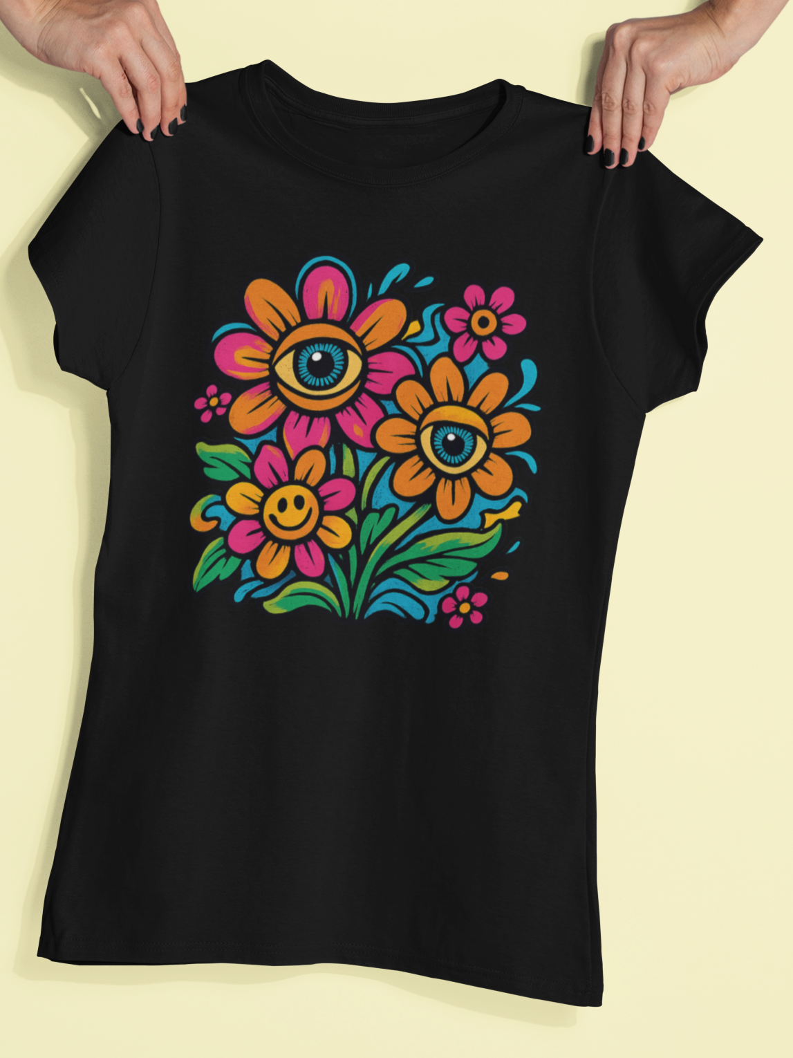 Schwarzes Shirt mit Blumenaugen-Motiv. Wird von 2 Händen gehalten.