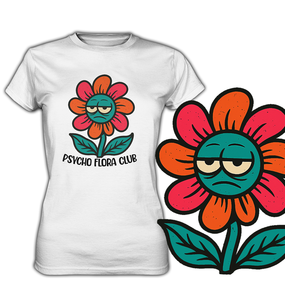 Weißes T-Shirt mit Retro-Blume mir Augen und Schriftzug „Psycho Flora Club“. Rechts eine vergrößerte Darstellung des Blumen-Designs