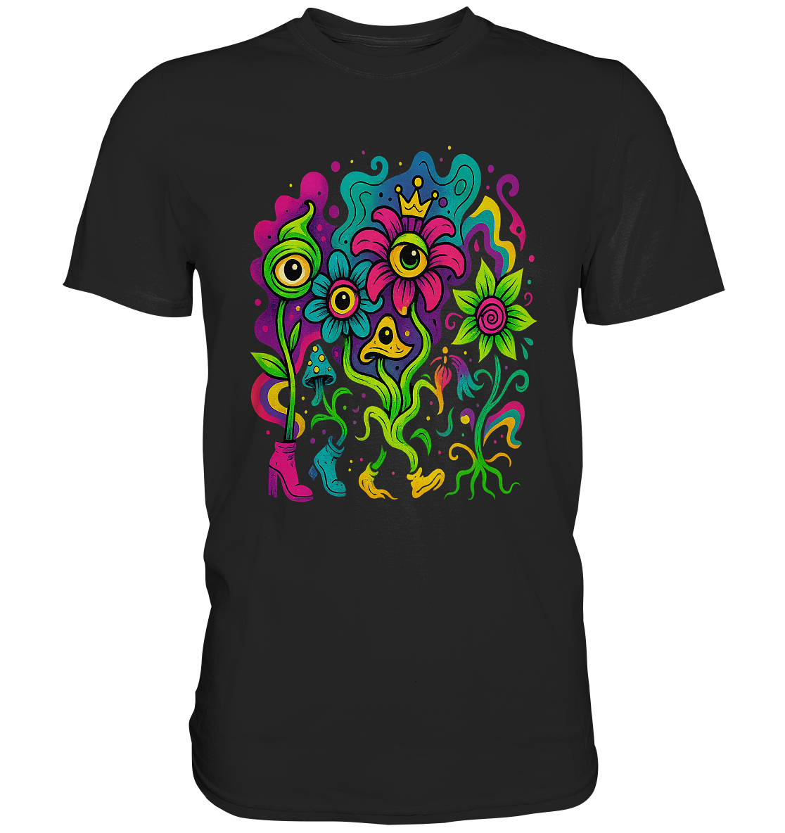 Psycho Flowers – 70s Flowertrip mit Pilzen & Vibes – Premium T-Shirt