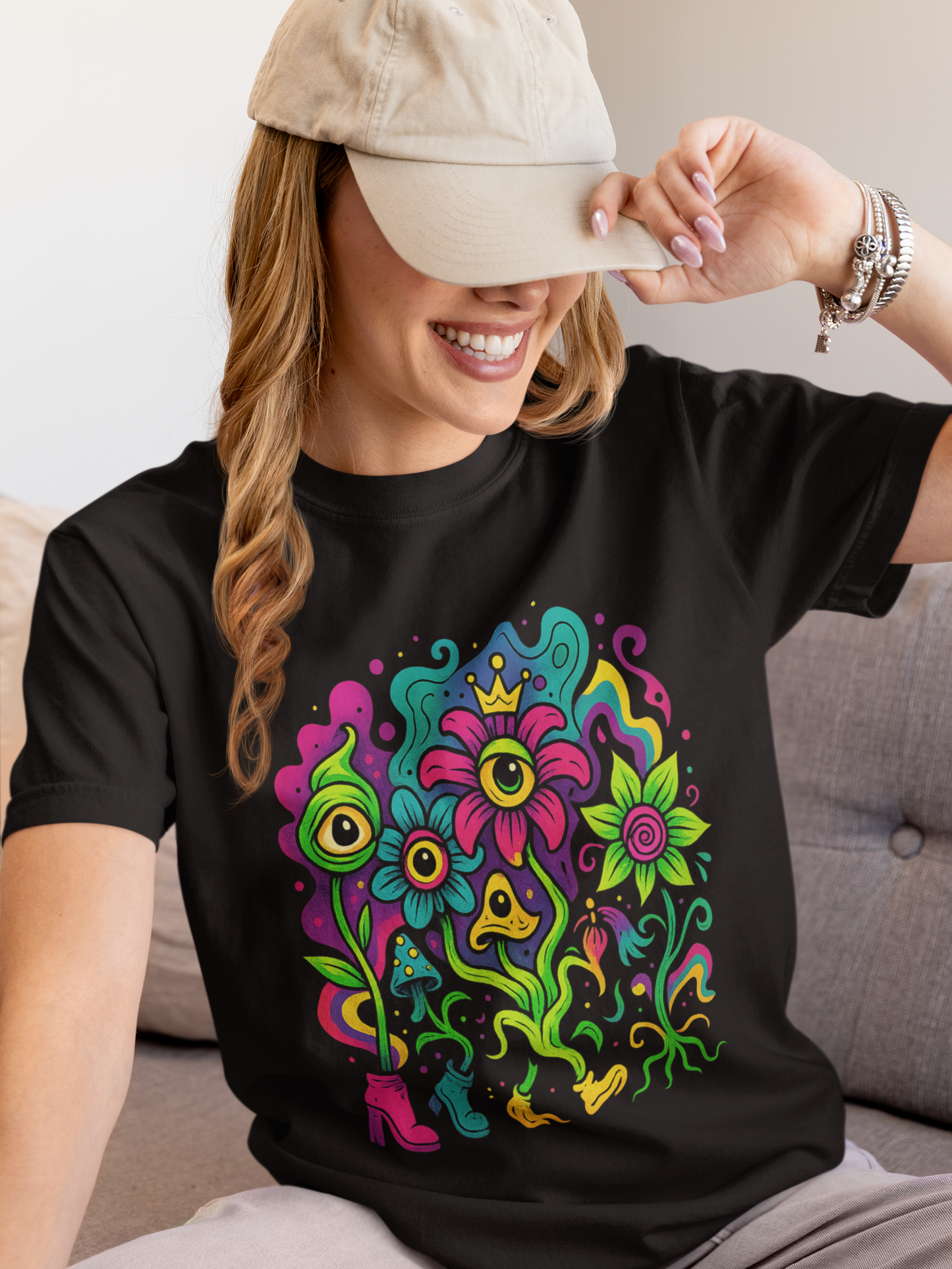 Psycho Flowers – 70s Flowertrip mit Pilzen & Vibes – Premium T-Shirt