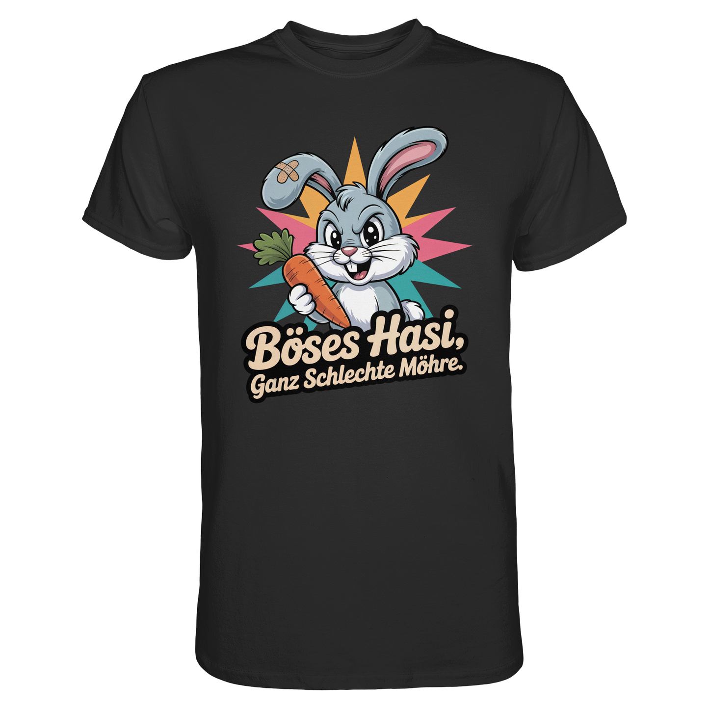 Schwarzes T-Shirt mit bösem Hasen und dem Spruch „Böses Hasi. Ganz schlechte Möhre“