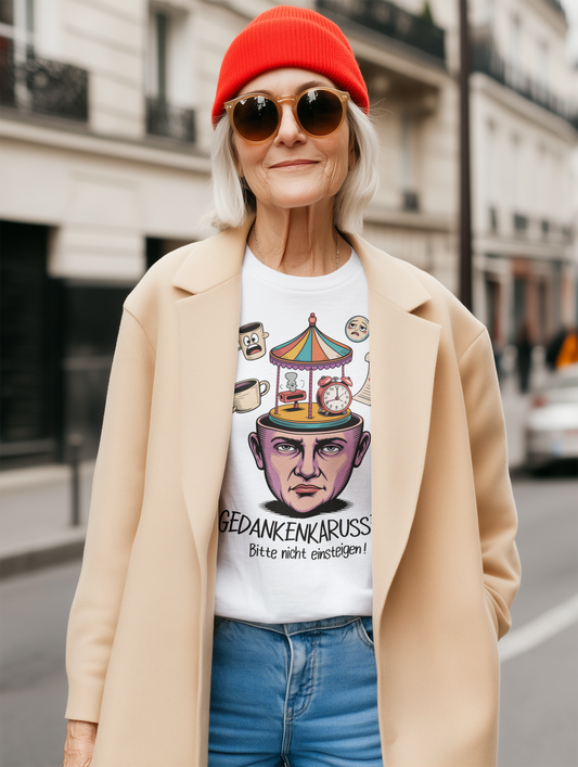 Frau mit oranger Mütze und offenen beigen Mantel. Darunter trägt sie ein weißes T-Shirt mit Text „Gedankenkarussell – Bitte nicht einsteigen“ und Karssell-Kopf-Motiv.