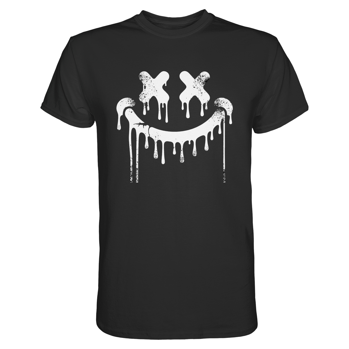 Schwarzes T-Shirt mit Smilie-Gesicht im Graffiti-Look.