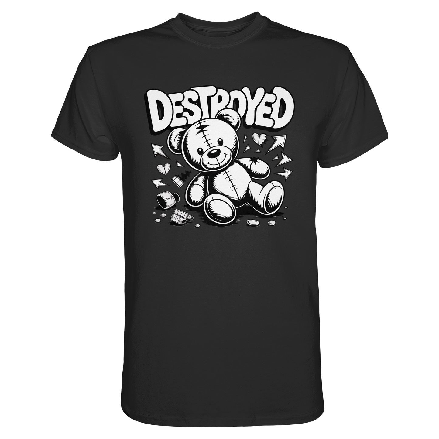 Schwarzes T-Shirt mit zerstörtem Teddybär-Motiv im düsteren Comic-Stil