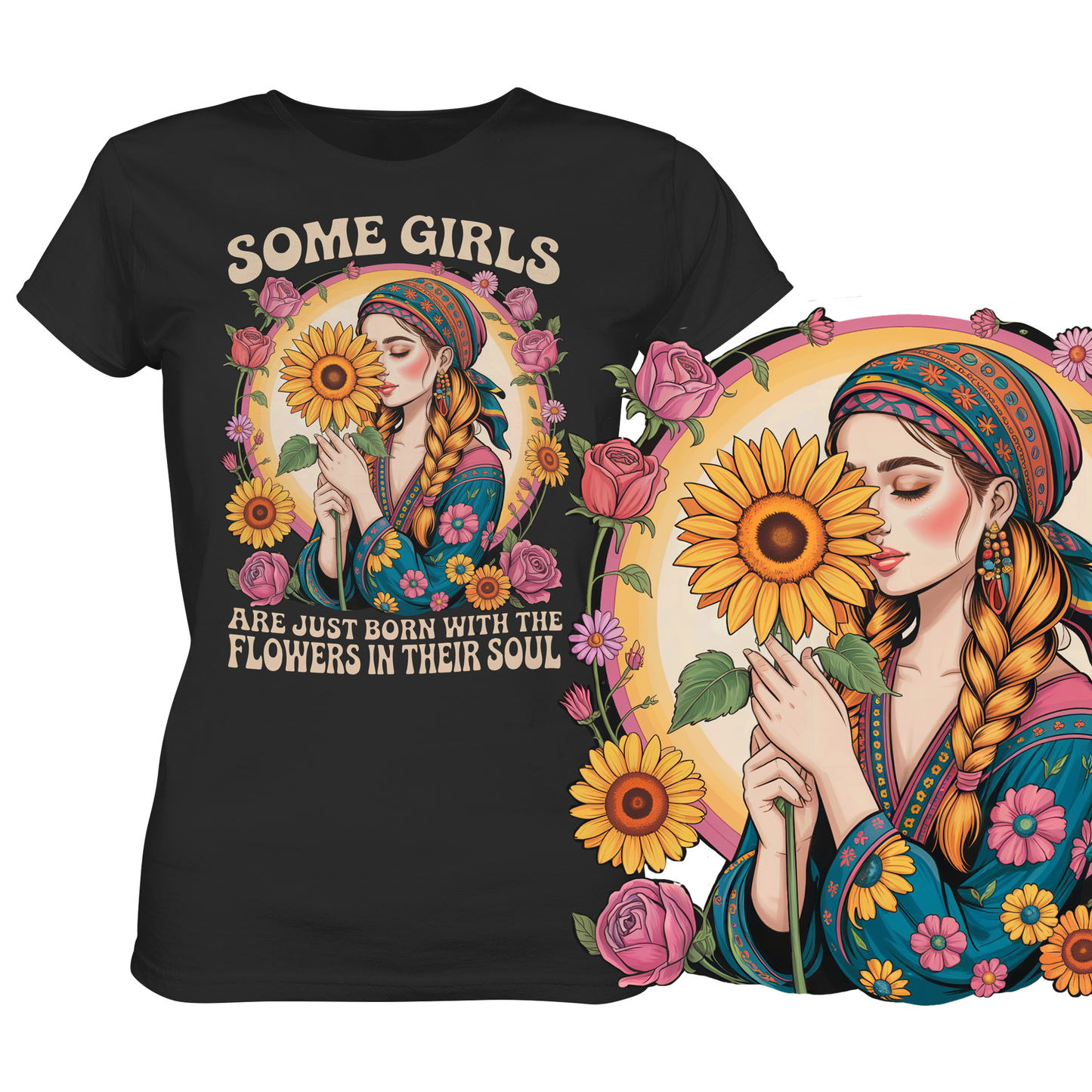 Shirt mit Schriftzug und Blumenmotiv, Spruch unten rechts vergrößert dargestellt