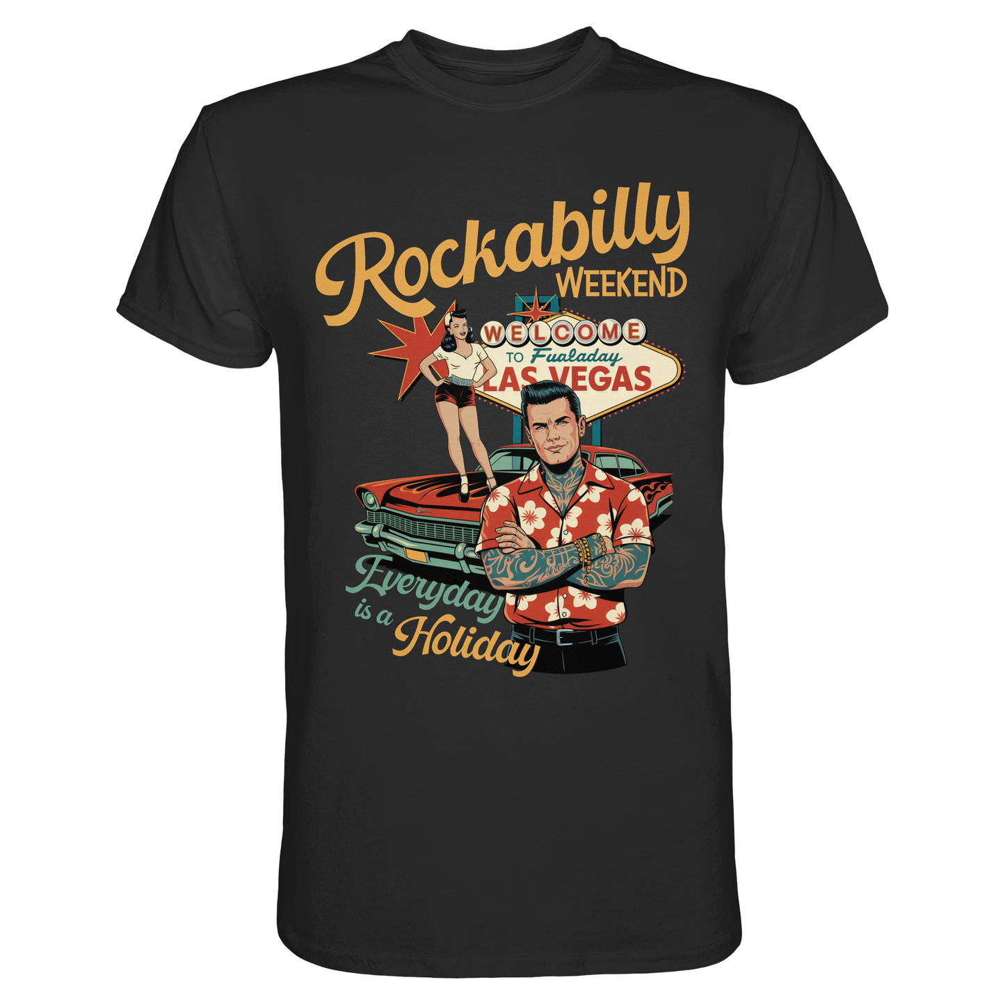 Schwarzes T-Shirt mit Rockabilly-Motiv und Text „Rockabilly Weekend“ im Retro-Design