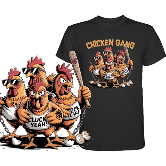 Schwarzes T-Shirt mit drei coolen Comic-Hühnern und dem Schriftzug „Chicken Gang“. Links im Bild eine vergrößerte Darstellung des Hühner-Motivs.