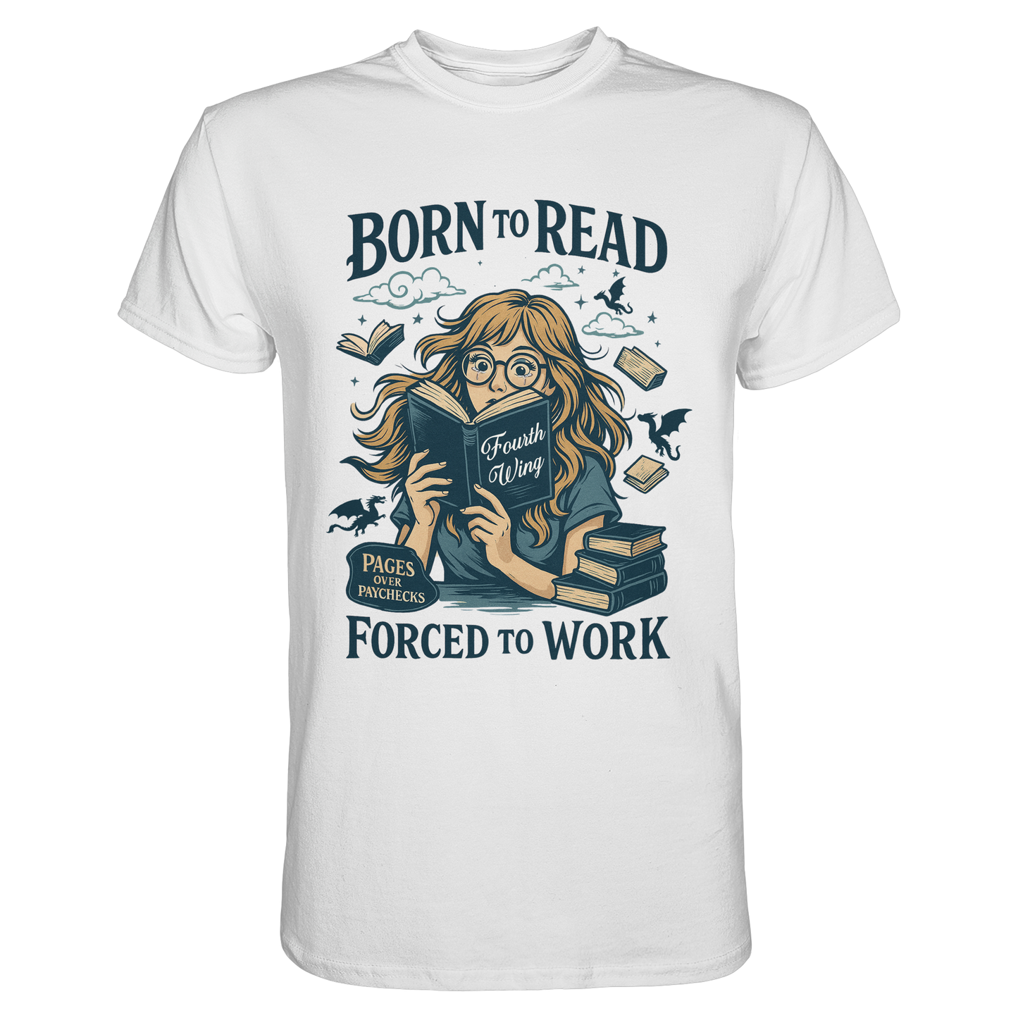 Weißes T-Shirt mit Retro-Schriftzug „Born to read, forced to work“ in buntem Stil