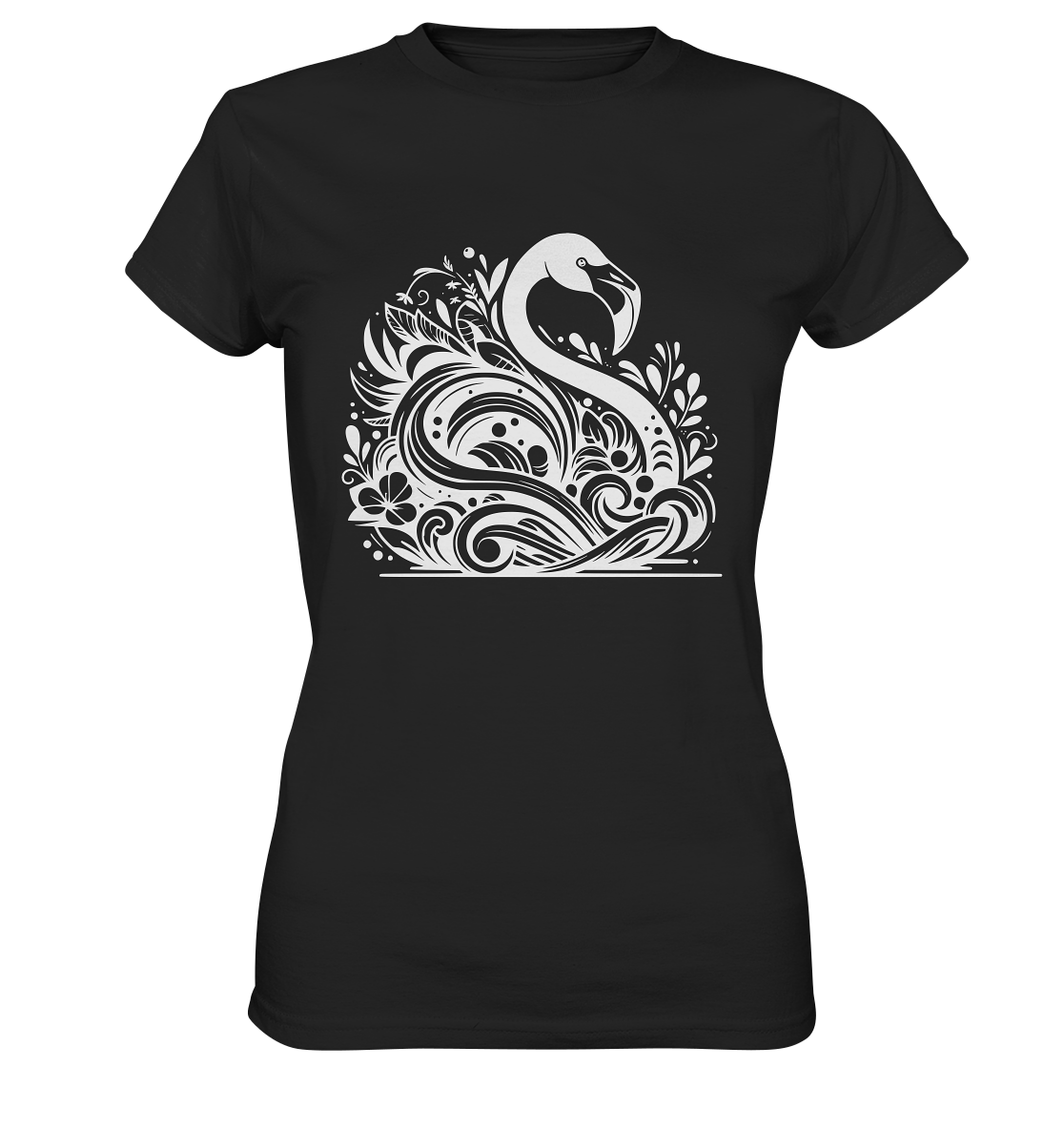 Schwarzes Ladies T-Shirt mit kunstvollem weißen Flamingo-Motiv aus floralen Elementen