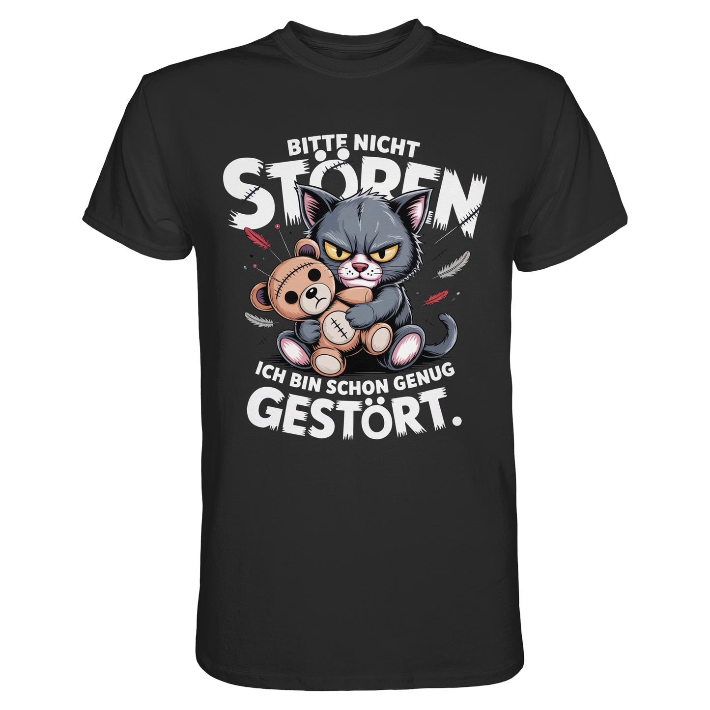 Schwarzes T-Shirt mit dem Motiv „Bitte nicht stören. Ich bin schon genug gestört.“ und einer schwarzen Katze mit Voodoo-Puppe