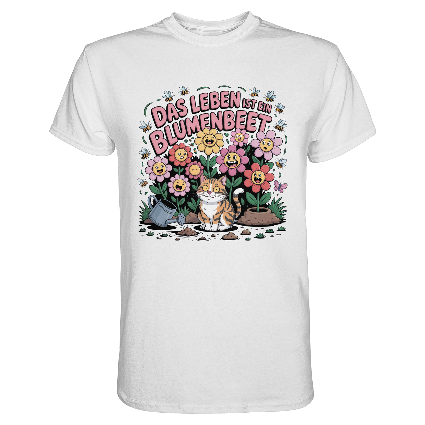 Weißes T-Shirt mit dem Spruch „Das Leben ist ein Blumenbeet“ und Katze im Blumenbeet