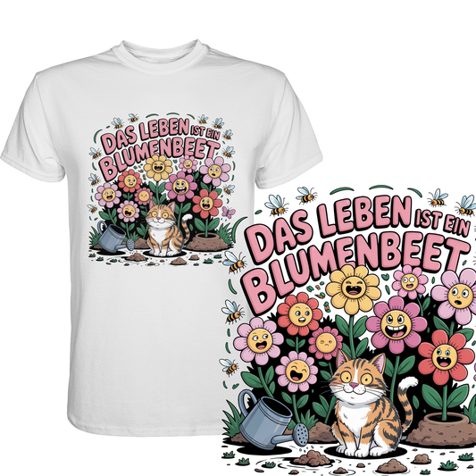 Weißes T-Shirt mit Katze im Blumenbeet und Spruch „Das Leben ist ein Blumenbeet“ mit vergrößertem Motiv unten rechts