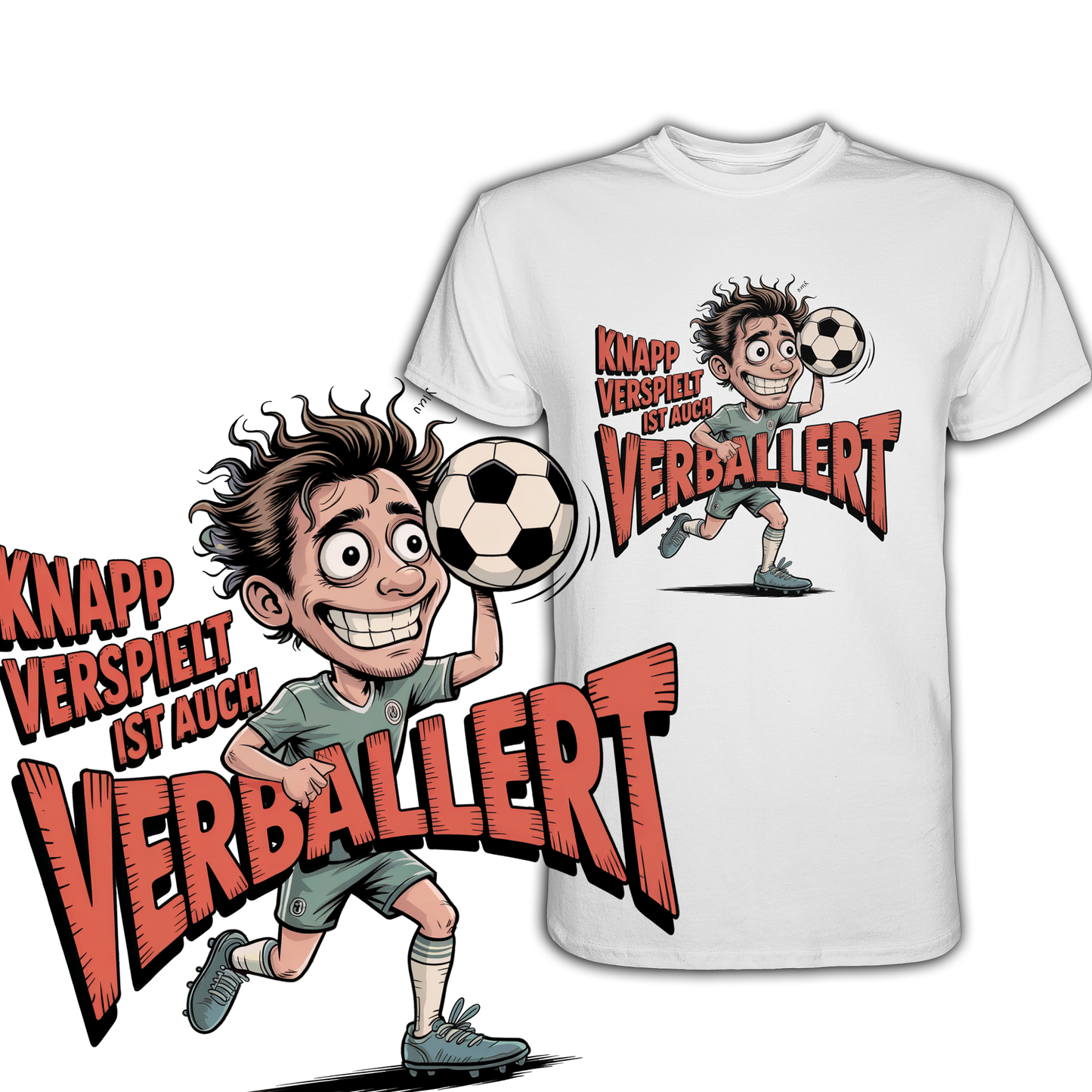 Weißes T-Shirt mit Comic-Fußballer und vergrößertem Spruchmotiv „Knapp verspielt ist auch verballert“ unten links