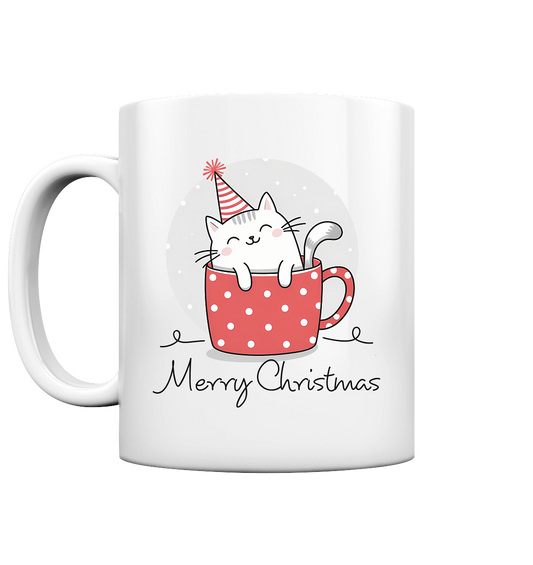 Tasse mit grinsender Katze, die in einer roten Tasse sitzt. Schriftzug "Merry Christmas"